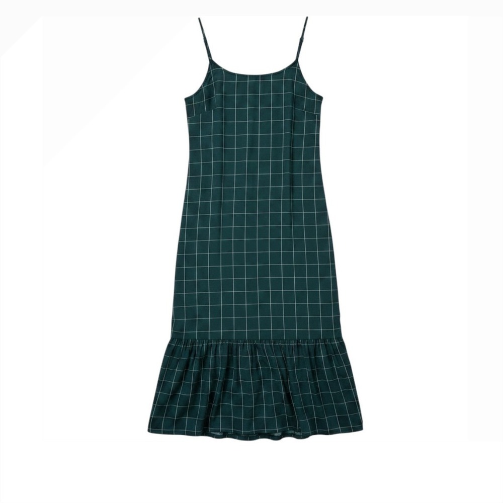 A‎ New Day Green Windowpane Plaid Midi Dress Ruffle Hem Retro Preppy Medium